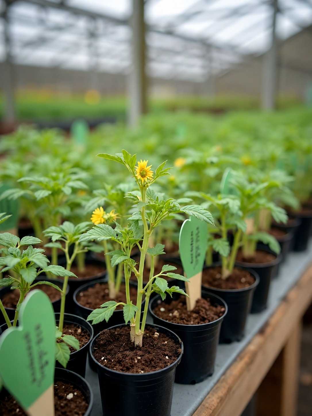 Gemüsejungpflanzen in Töpfen auf einem Pflanztisch