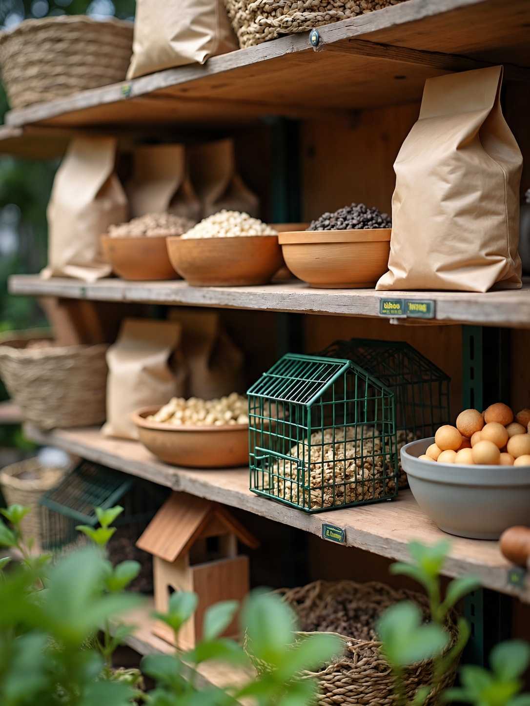 Vogelfutter, Futterhäuschen und Meisenknödel im Regal